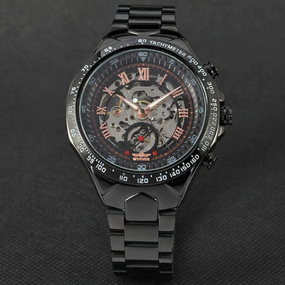 WINNER Montres pour homme en or Montre mécanique automatique Montre-bracelet squelette pour homme Bracelet en acier inoxydable Marque de luxe Design sportif