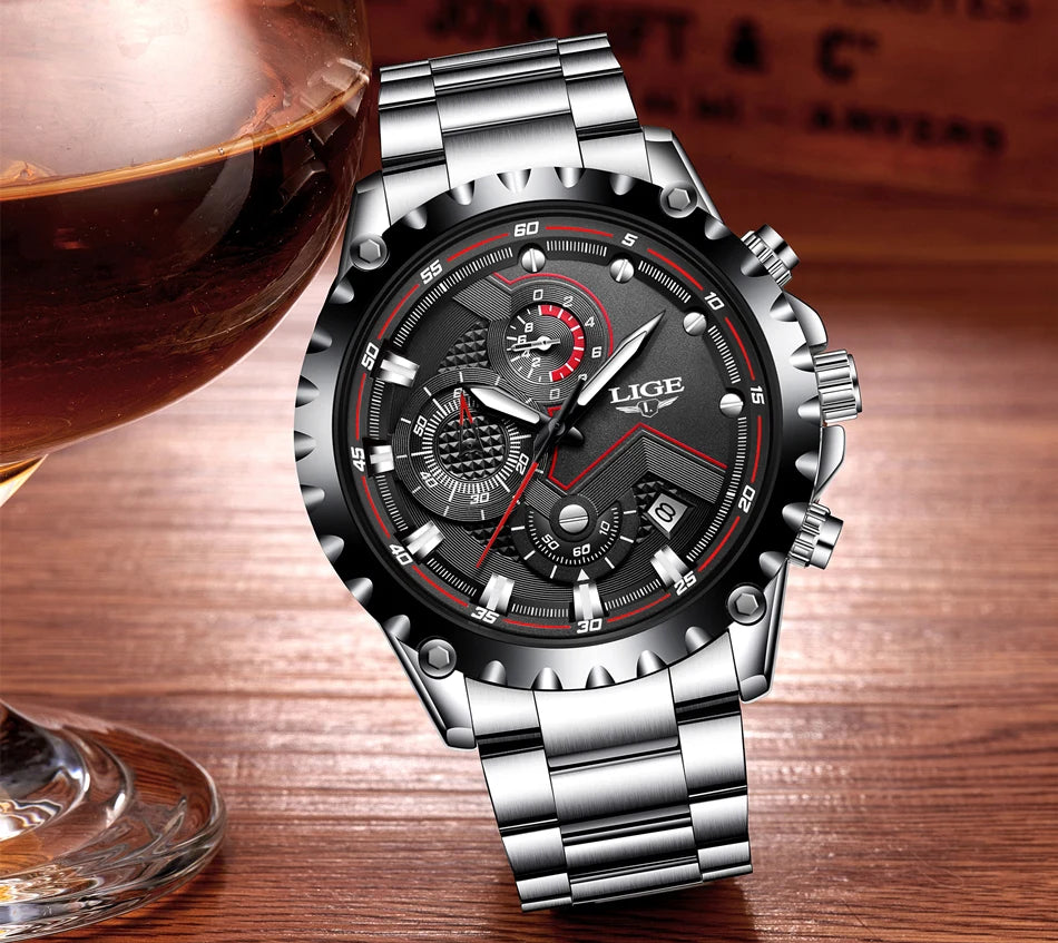 LIGE Herrenuhr – Trendige Quarzuhr, Luxusmarke, komplett aus Edelstahl, professioneller Stil, wasserdicht und sportlich – Lieferung inklusive Box
