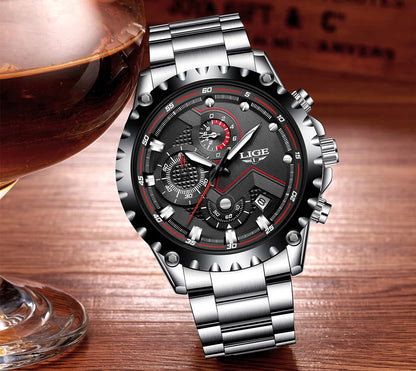 LIGE Herrenuhr – Trendige Quarzuhr, Luxusmarke, komplett aus Edelstahl, professioneller Stil, wasserdicht und sportlich – Lieferung inklusive Box