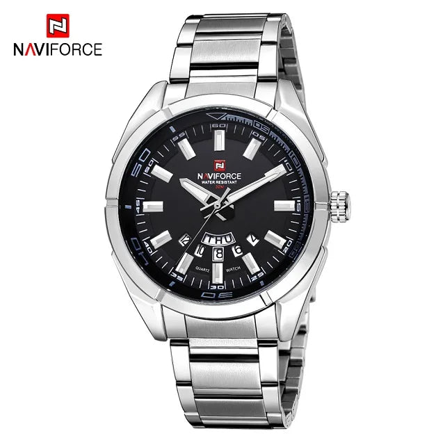 Orologio da uomo NAVIFORCE, interamente in acciaio, impermeabile, stile casual, movimento al quarzo con datario – Orologio da polso di lusso da uomo, di un marchio di primo piano.