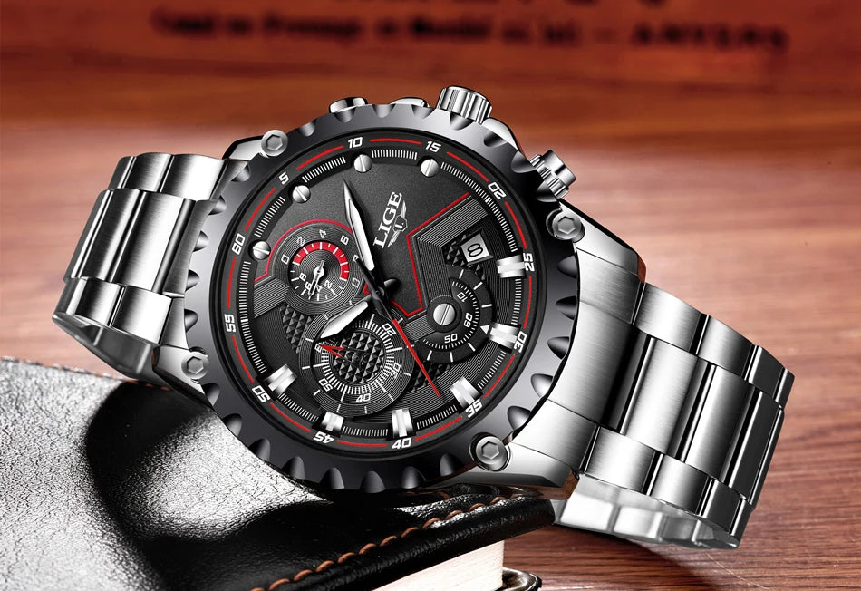 LIGE Herrenuhr – Trendige Quarzuhr, Luxusmarke, komplett aus Edelstahl, professioneller Stil, wasserdicht und sportlich – Lieferung inklusive Box
