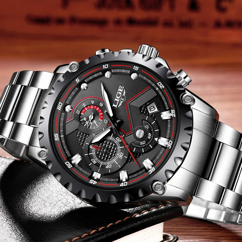 LIGE Herrenuhr – Trendige Quarzuhr, Luxusmarke, komplett aus Edelstahl, professioneller Stil, wasserdicht und sportlich – Lieferung inklusive Box