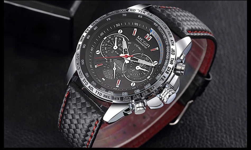 Relógio de pulso analógico de quartzo para homem MEGIR – Relógio de luxo à prova de água com bracelete em pele, estilo descontraído, modelo 1010 (preto)