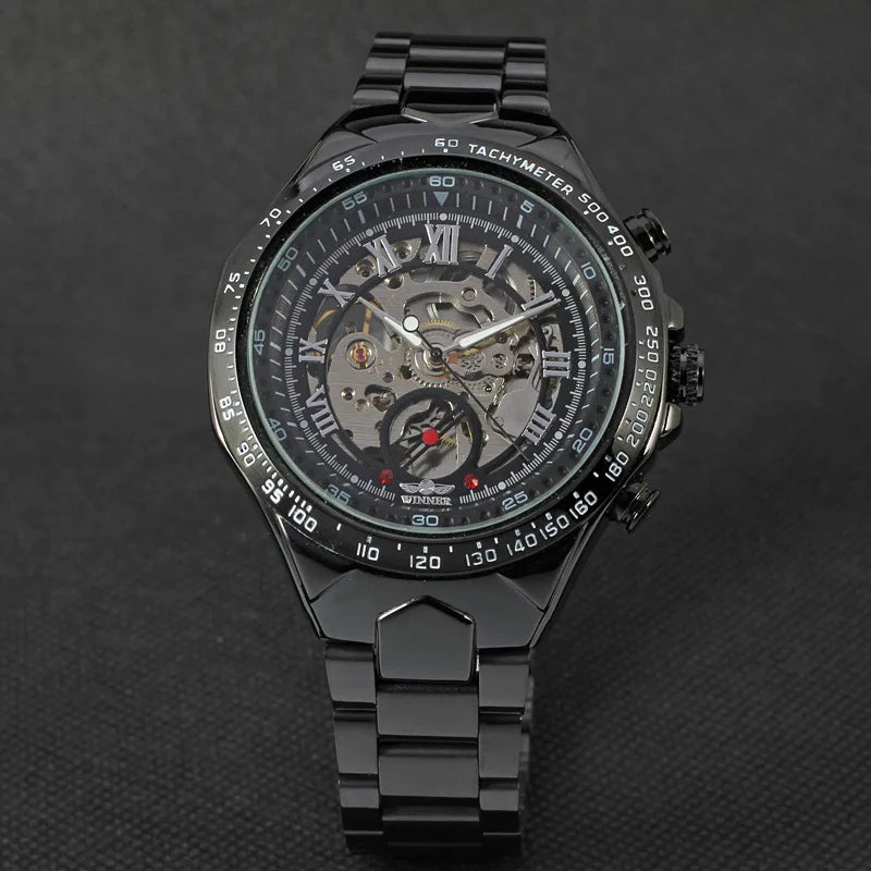 WINNER Montres pour homme en or Montre mécanique automatique Montre-bracelet squelette pour homme Bracelet en acier inoxydable Marque de luxe Design sportif