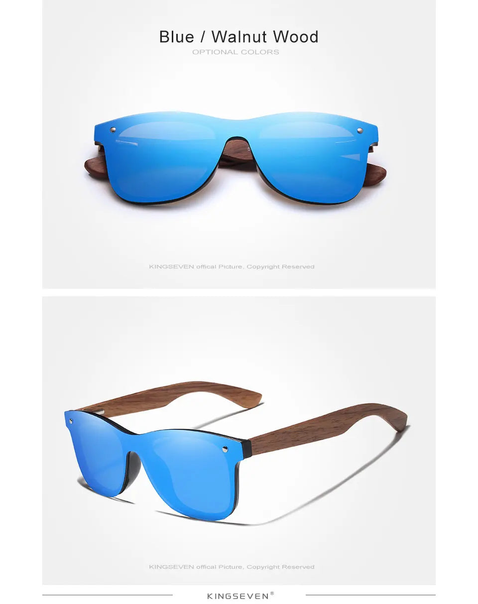 KINGSEVEN Gafas de sol de lujo de madera de nogal, polarizadas, de diseño de marca, sin montura y con cristales espejados, cuadradas, para mujer y hombre