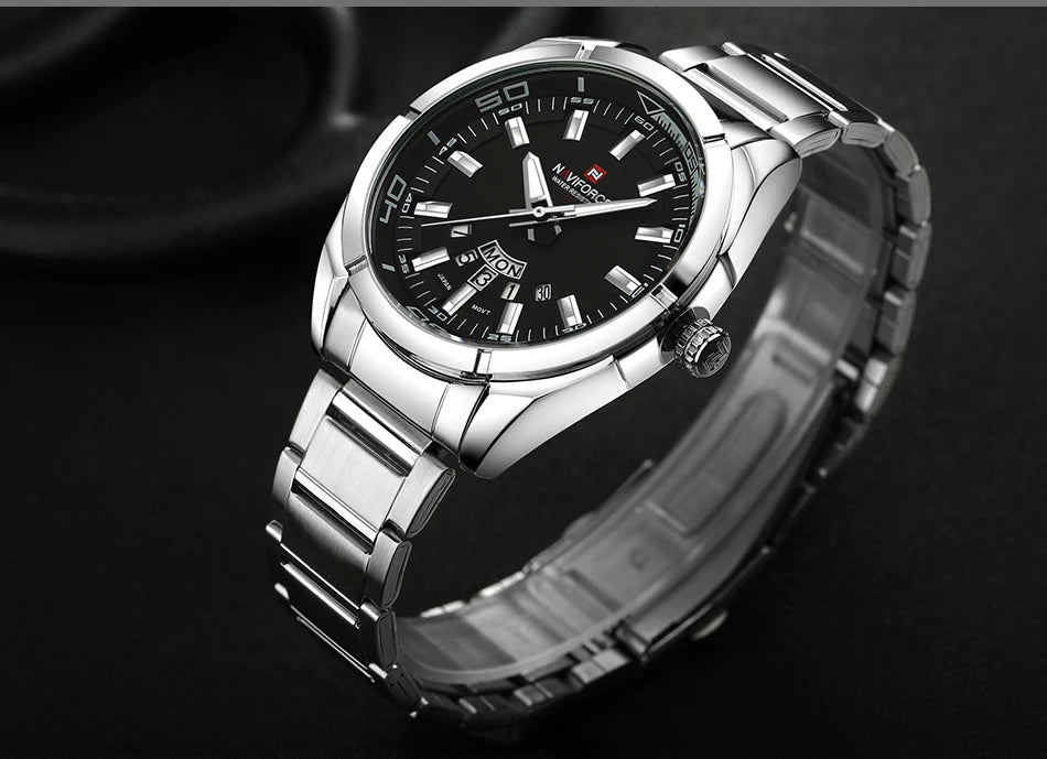 Orologio da uomo NAVIFORCE, interamente in acciaio, impermeabile, stile casual, movimento al quarzo con datario – Orologio da polso di lusso da uomo, di un marchio di primo piano.