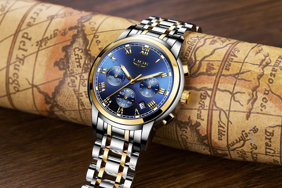 Orologio da uomo LIGE – Cronografo di lusso, stile sportivo casual, impermeabile, interamente in acciaio, movimento al quarzo