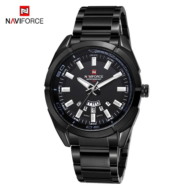 Orologio da uomo NAVIFORCE, interamente in acciaio, impermeabile, stile casual, movimento al quarzo con datario – Orologio da polso di lusso da uomo, di un marchio di primo piano.