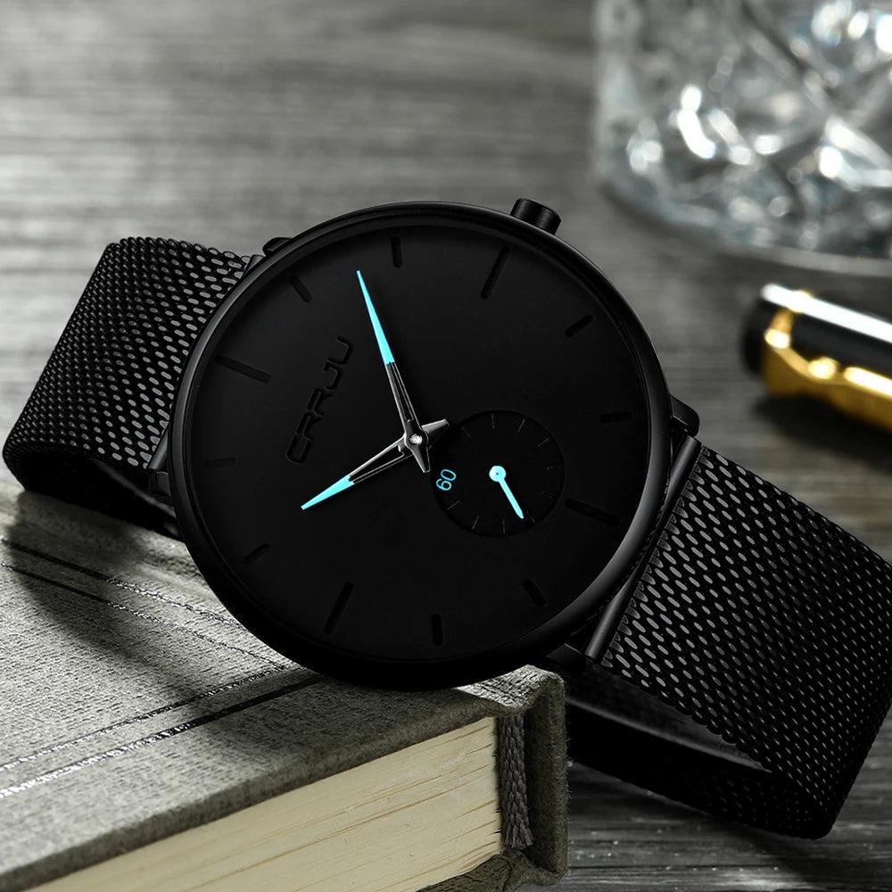Relógio para homem CRRJU – Relógio de quartzo de luxo, estilo descontraído, fino, com bracelete em malha de aço, estanque e desportivo.