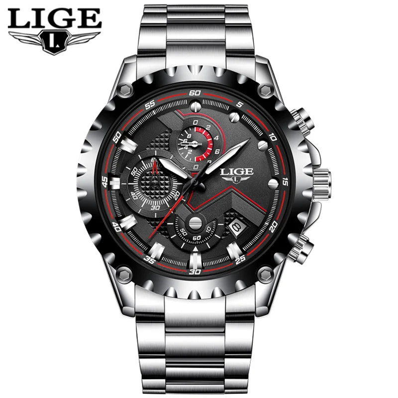 LIGE Herrenuhr – Trendige Quarzuhr, Luxusmarke, komplett aus Edelstahl, professioneller Stil, wasserdicht und sportlich – Lieferung inklusive Box
