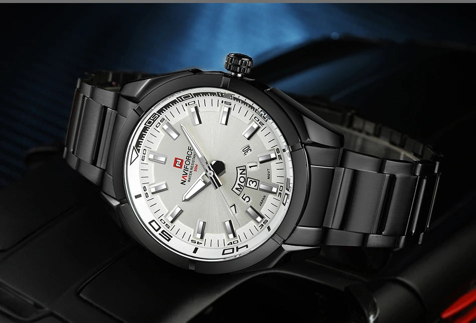 Orologio da uomo NAVIFORCE, interamente in acciaio, impermeabile, stile casual, movimento al quarzo con datario – Orologio da polso di lusso da uomo, di un marchio di primo piano.