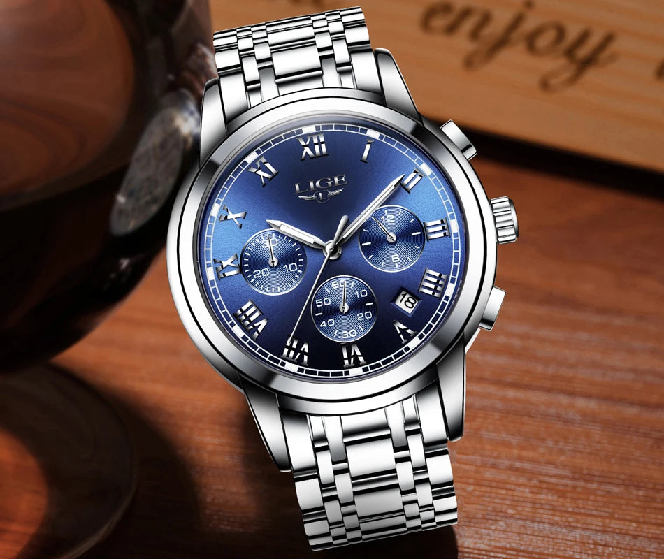 Orologio da uomo LIGE – Cronografo di lusso, stile sportivo casual, impermeabile, interamente in acciaio, movimento al quarzo