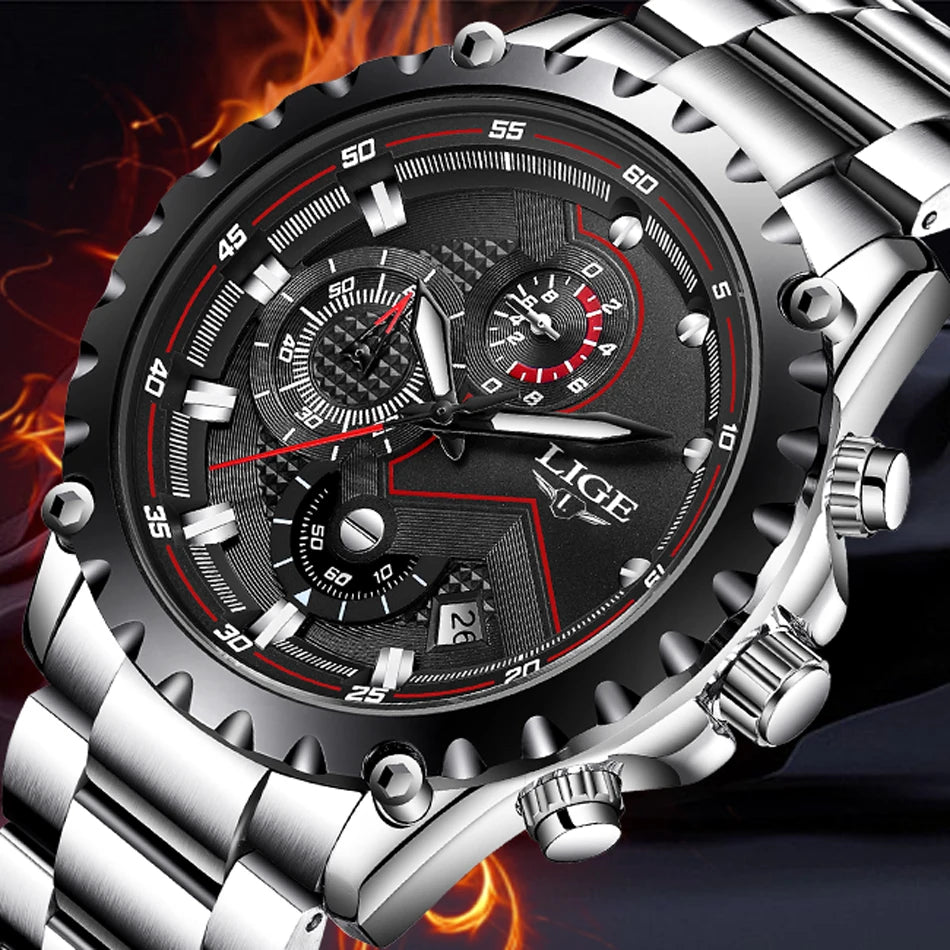 LIGE Herrenuhr – Trendige Quarzuhr, Luxusmarke, komplett aus Edelstahl, professioneller Stil, wasserdicht und sportlich – Lieferung inklusive Box