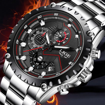 LIGE Herrenuhr – Trendige Quarzuhr, Luxusmarke, komplett aus Edelstahl, professioneller Stil, wasserdicht und sportlich – Lieferung inklusive Box