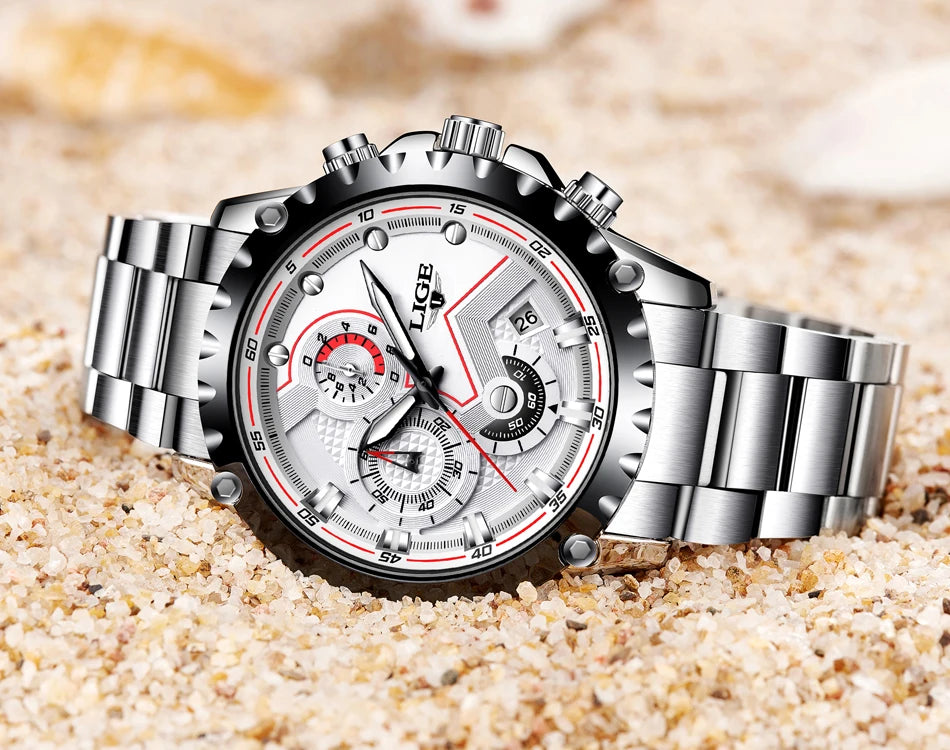 LIGE Herrenuhr – Trendige Quarzuhr, Luxusmarke, komplett aus Edelstahl, professioneller Stil, wasserdicht und sportlich – Lieferung inklusive Box