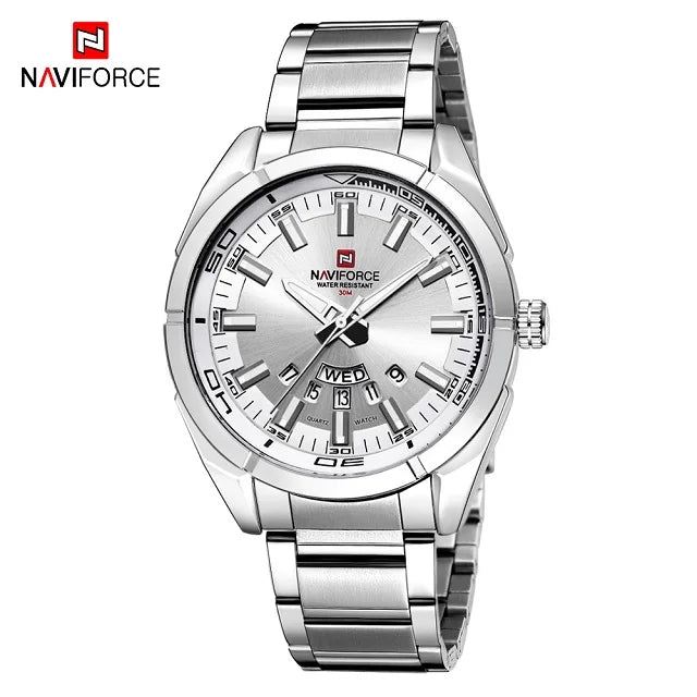 Orologio da uomo NAVIFORCE, interamente in acciaio, impermeabile, stile casual, movimento al quarzo con datario – Orologio da polso di lusso da uomo, di un marchio di primo piano.