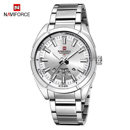Orologio da uomo NAVIFORCE, interamente in acciaio, impermeabile, stile casual, movimento al quarzo con datario – Orologio da polso di lusso da uomo, di un marchio di primo piano.