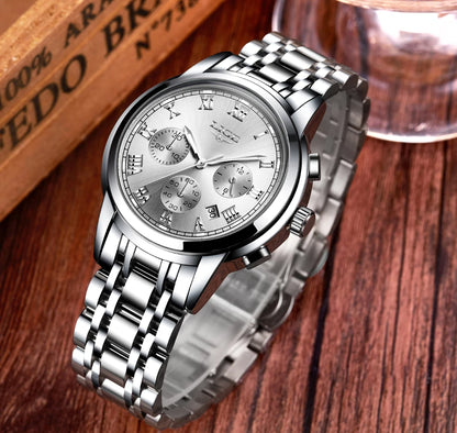 Orologio da uomo LIGE – Cronografo di lusso, stile sportivo casual, impermeabile, interamente in acciaio, movimento al quarzo