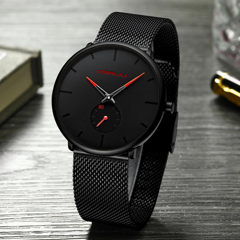 Relógio para homem CRRJU – Relógio de quartzo de luxo, estilo descontraído, fino, com bracelete em malha de aço, estanque e desportivo.