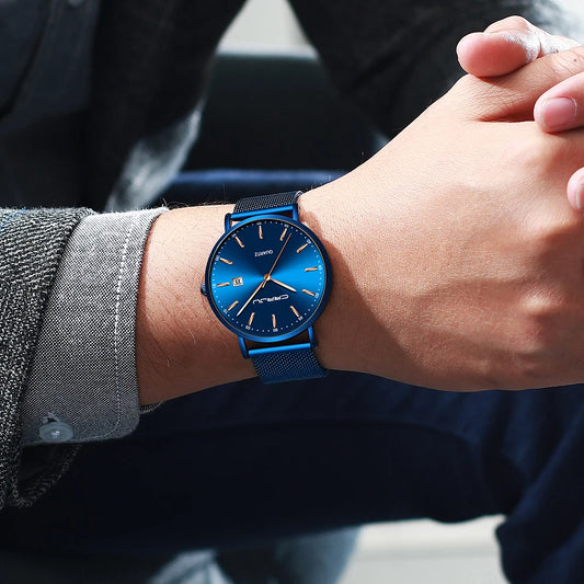 Quarz-Herrenuhr CRRJU – Luxusmodell, wasserdicht, blaues Zifferblatt, schlankes und elegantes Design, mit Datumsanzeige, Metallgeflechtarmband, sportlicher und lässiger Stil