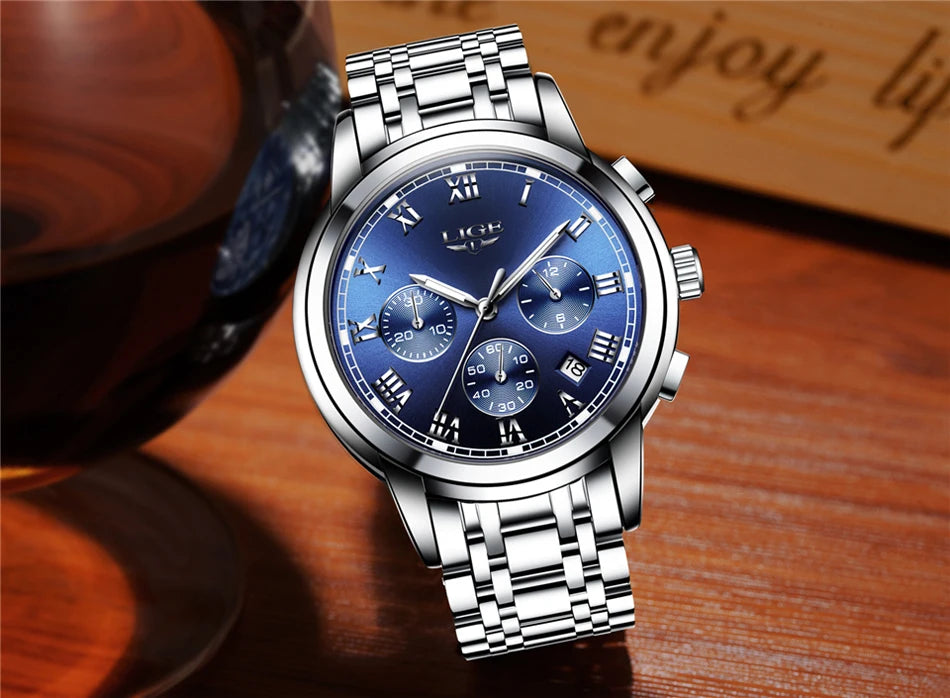 Orologio da uomo LIGE – Cronografo di lusso, stile sportivo casual, impermeabile, interamente in acciaio, movimento al quarzo