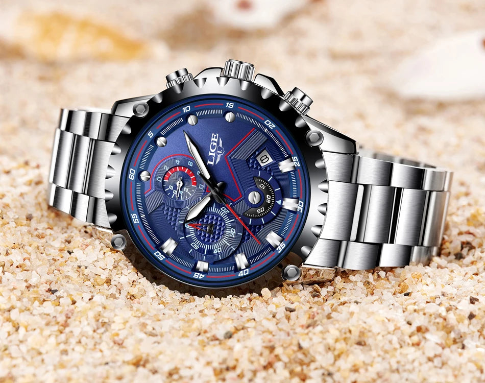 LIGE Herrenuhr – Trendige Quarzuhr, Luxusmarke, komplett aus Edelstahl, professioneller Stil, wasserdicht und sportlich – Lieferung inklusive Box