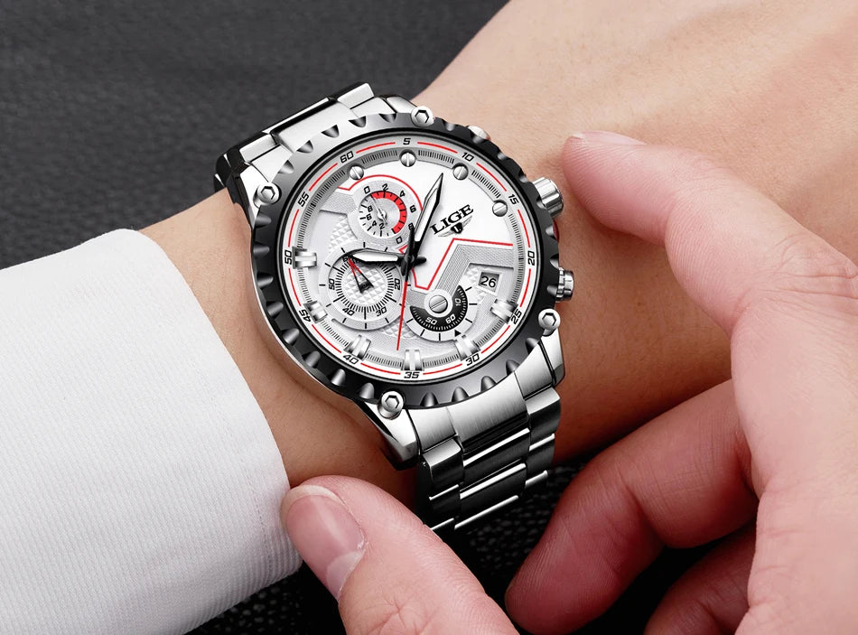 LIGE Herrenuhr – Trendige Quarzuhr, Luxusmarke, komplett aus Edelstahl, professioneller Stil, wasserdicht und sportlich – Lieferung inklusive Box