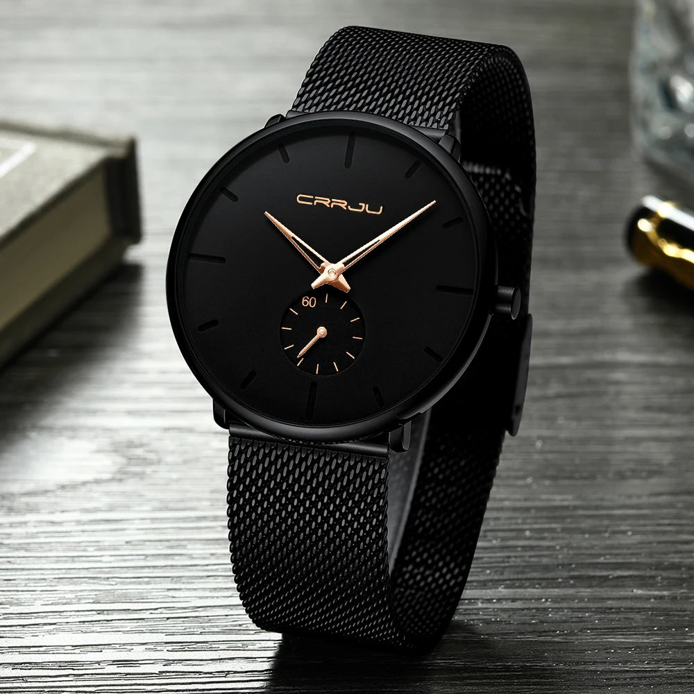 Relógio para homem CRRJU – Relógio de quartzo de luxo, estilo descontraído, fino, com bracelete em malha de aço, estanque e desportivo.