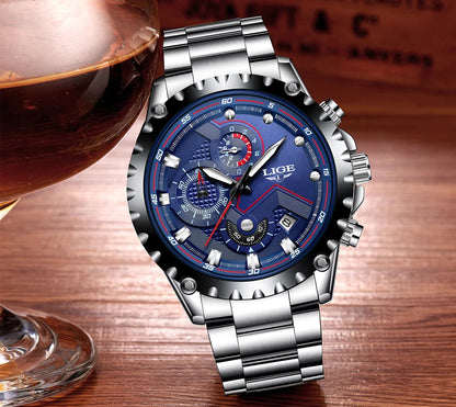 LIGE Herrenuhr – Trendige Quarzuhr, Luxusmarke, komplett aus Edelstahl, professioneller Stil, wasserdicht und sportlich – Lieferung inklusive Box