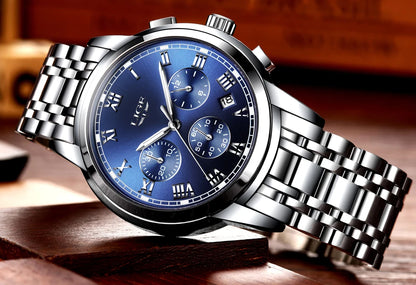 Orologio da uomo LIGE – Cronografo di lusso, stile sportivo casual, impermeabile, interamente in acciaio, movimento al quarzo