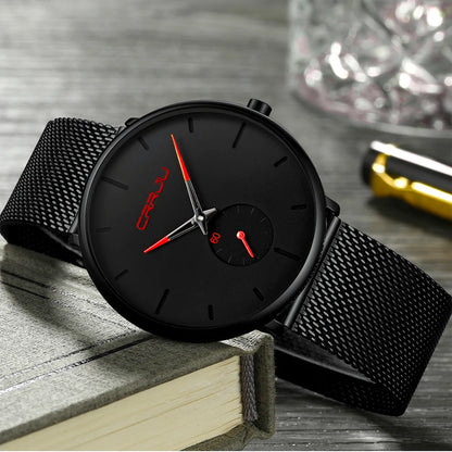 Relógio para homem CRRJU – Relógio de quartzo de luxo, estilo descontraído, fino, com bracelete em malha de aço, estanque e desportivo.