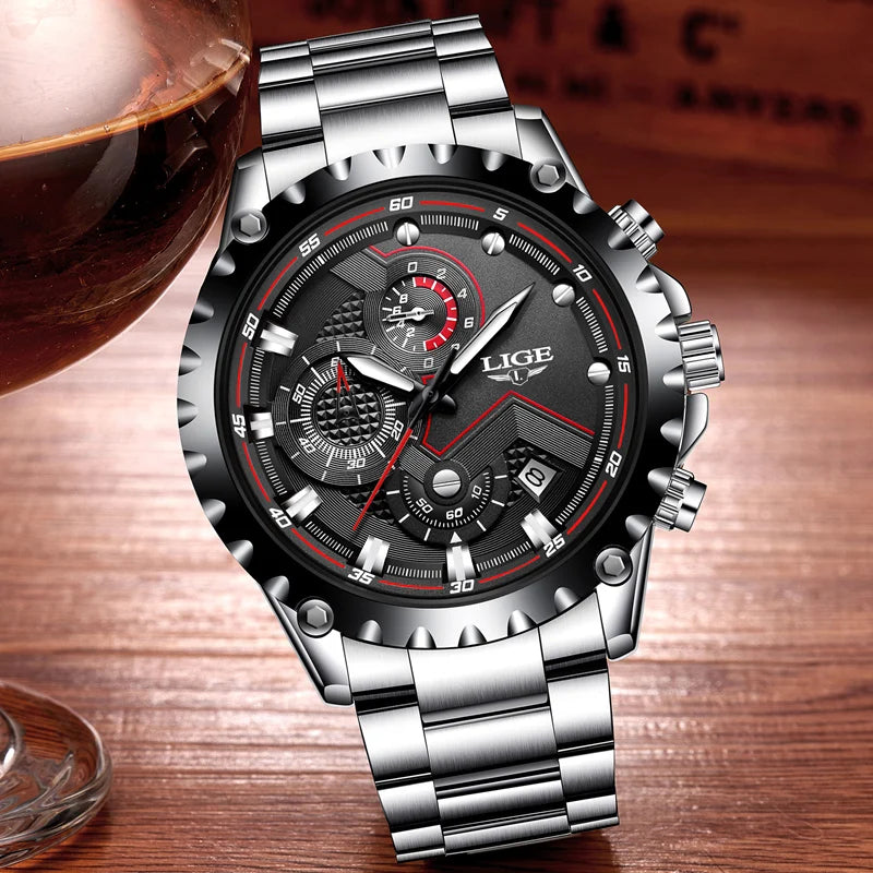 LIGE Herrenuhr – Trendige Quarzuhr, Luxusmarke, komplett aus Edelstahl, professioneller Stil, wasserdicht und sportlich – Lieferung inklusive Box