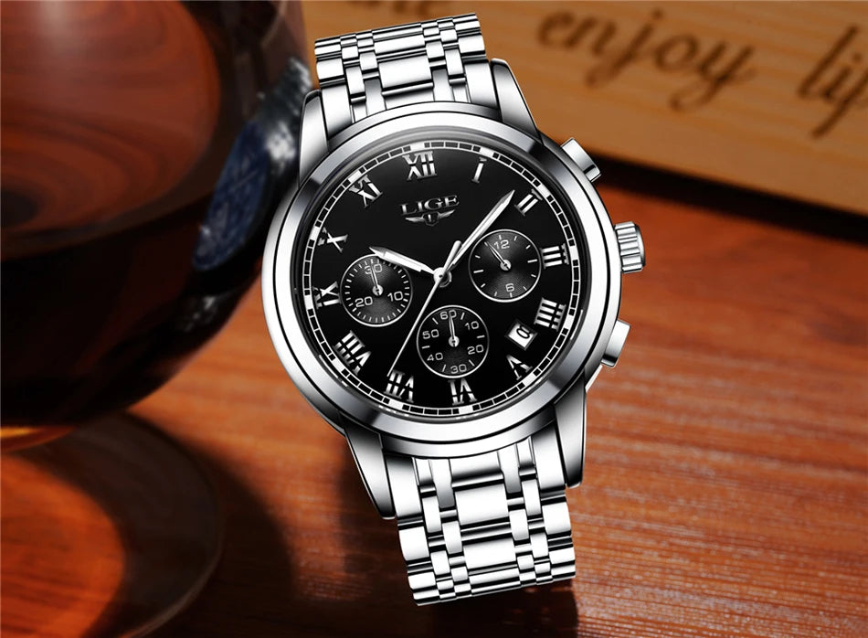 Orologio da uomo LIGE – Cronografo di lusso, stile sportivo casual, impermeabile, interamente in acciaio, movimento al quarzo