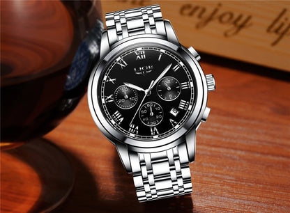 Orologio da uomo LIGE – Cronografo di lusso, stile sportivo casual, impermeabile, interamente in acciaio, movimento al quarzo