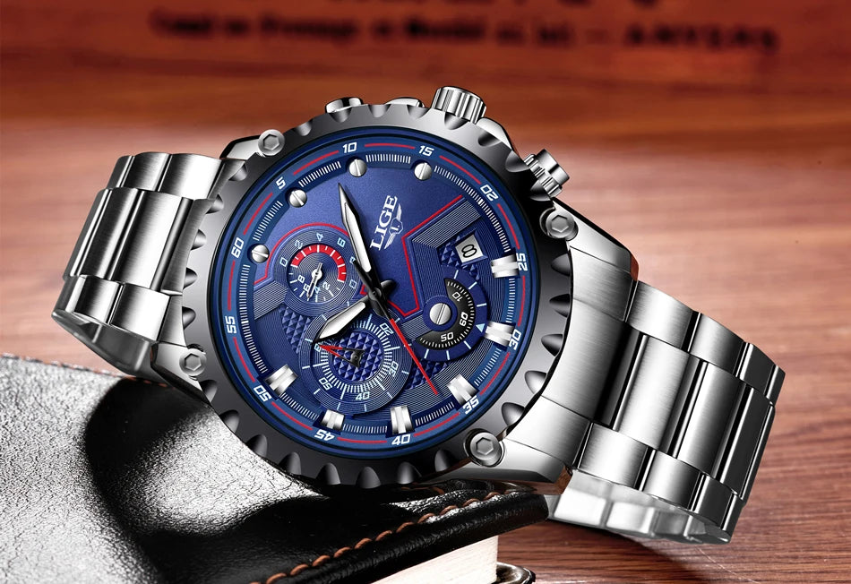 LIGE Herrenuhr – Trendige Quarzuhr, Luxusmarke, komplett aus Edelstahl, professioneller Stil, wasserdicht und sportlich – Lieferung inklusive Box