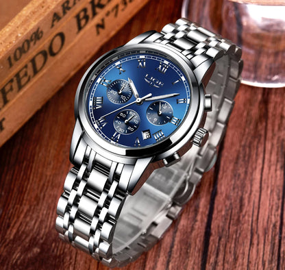 Orologio da uomo LIGE – Cronografo di lusso, stile sportivo casual, impermeabile, interamente in acciaio, movimento al quarzo