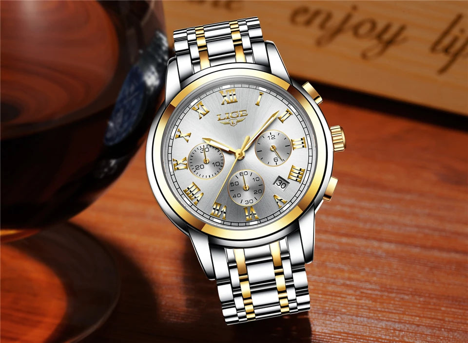 Orologio da uomo LIGE – Cronografo di lusso, stile sportivo casual, impermeabile, interamente in acciaio, movimento al quarzo