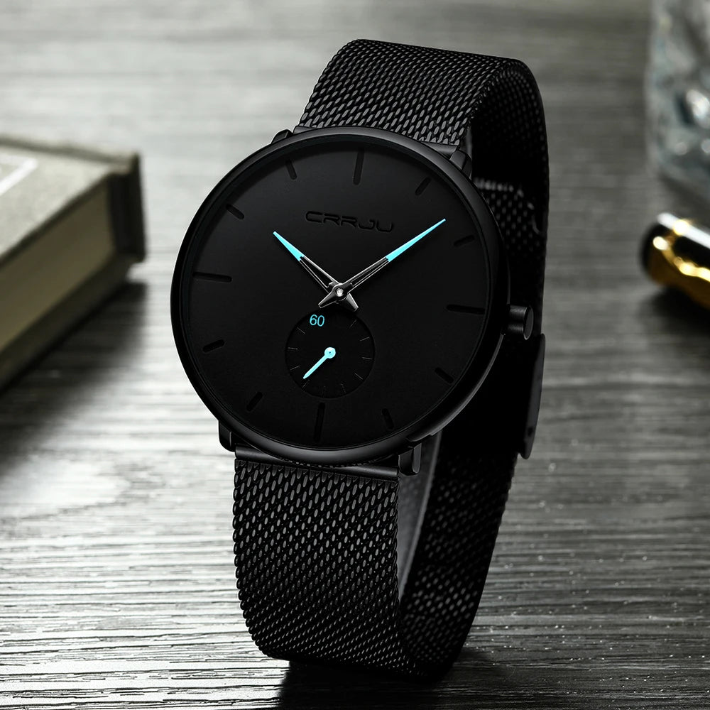 Relógio para homem CRRJU – Relógio de quartzo de luxo, estilo descontraído, fino, com bracelete em malha de aço, estanque e desportivo.