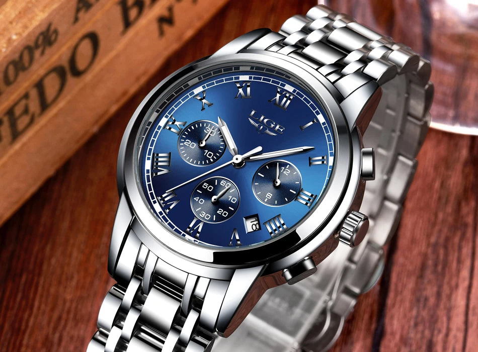 Orologio da uomo LIGE – Cronografo di lusso, stile sportivo casual, impermeabile, interamente in acciaio, movimento al quarzo