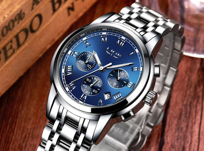 Orologio da uomo LIGE – Cronografo di lusso, stile sportivo casual, impermeabile, interamente in acciaio, movimento al quarzo