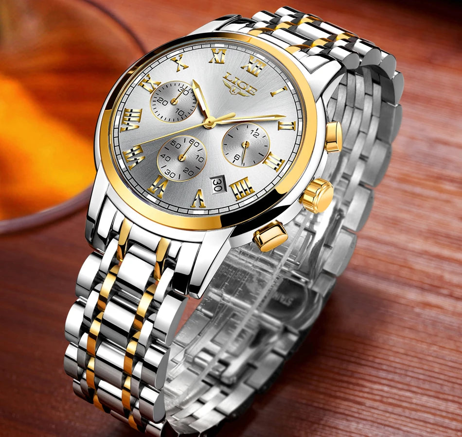 Orologio da uomo LIGE – Cronografo di lusso, stile sportivo casual, impermeabile, interamente in acciaio, movimento al quarzo