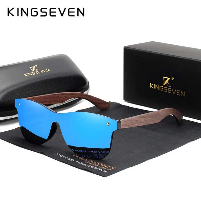 KINGSEVEN Gafas de sol de lujo de madera de nogal, polarizadas, de diseño de marca, sin montura y con cristales espejados, cuadradas, para mujer y hombre