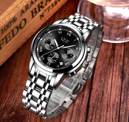 Orologio da uomo LIGE – Cronografo di lusso, stile sportivo casual, impermeabile, interamente in acciaio, movimento al quarzo