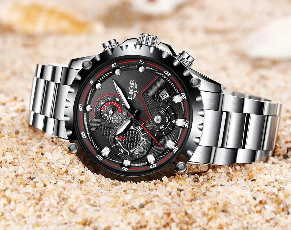 LIGE Herrenuhr – Trendige Quarzuhr, Luxusmarke, komplett aus Edelstahl, professioneller Stil, wasserdicht und sportlich – Lieferung inklusive Box