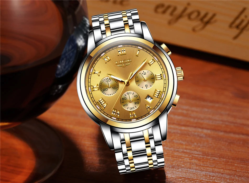 Orologio da uomo LIGE – Cronografo di lusso, stile sportivo casual, impermeabile, interamente in acciaio, movimento al quarzo