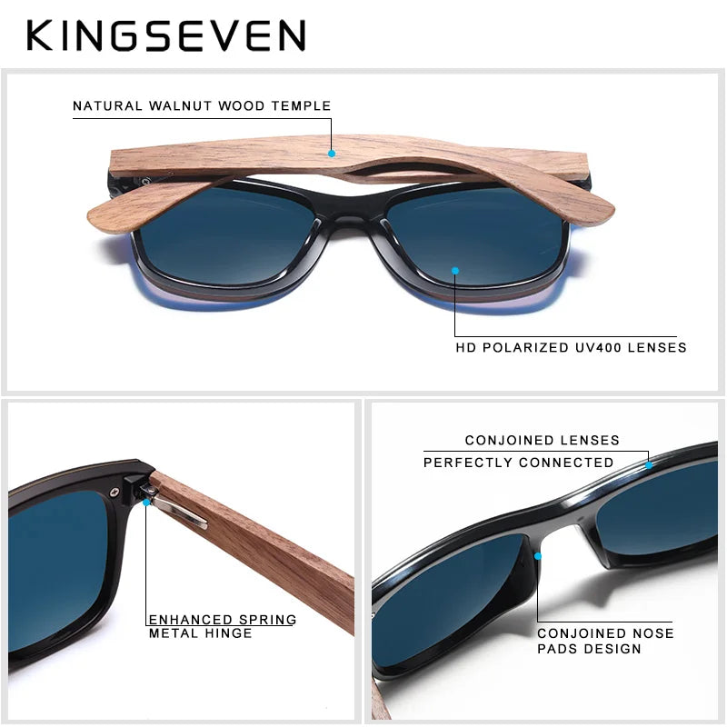 KINGSEVEN Gafas de sol de lujo de madera de nogal, polarizadas, de diseño de marca, sin montura y con cristales espejados, cuadradas, para mujer y hombre