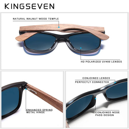KINGSEVEN Gafas de sol de lujo de madera de nogal, polarizadas, de diseño de marca, sin montura y con cristales espejados, cuadradas, para mujer y hombre