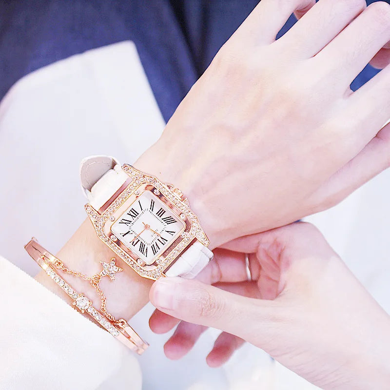 Square Women Watches Waterproof Luxury Rhinestone Quartz Wristwatch PU Leather Ladies Watch Female Ladies Watch Gift Wrist Watch