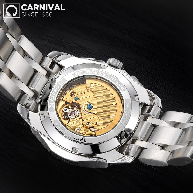 Carnival Brand Luxury Stainless Steel Multifunction Mechanical Watch for Men Waterproof Luminous Hands Calendar Fashion Watches