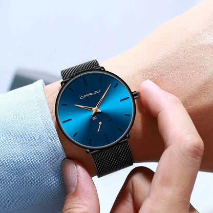 Relógio para homem CRRJU – Relógio de quartzo de luxo, estilo descontraído, fino, com bracelete em malha de aço, estanque e desportivo.